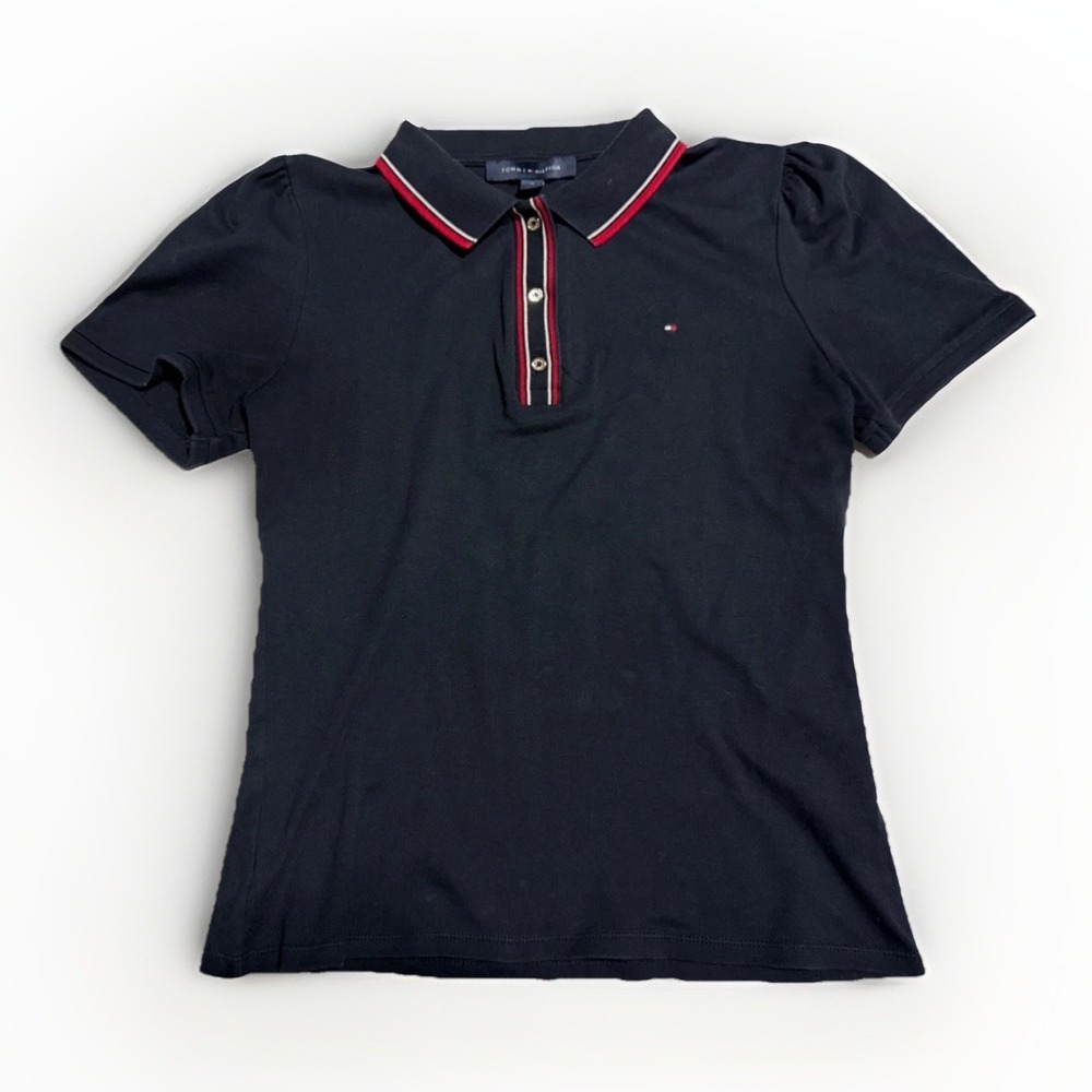 Tommy Hilfiger Women Polo Shirt M Navy Blue Red Stripe Puff Sleeve‎ Flag Logo